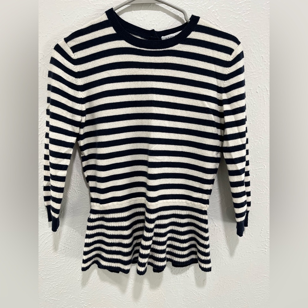 Autumn Cashmere Striped Navy and White Cashmere Peplum Sweater Small Retail $390